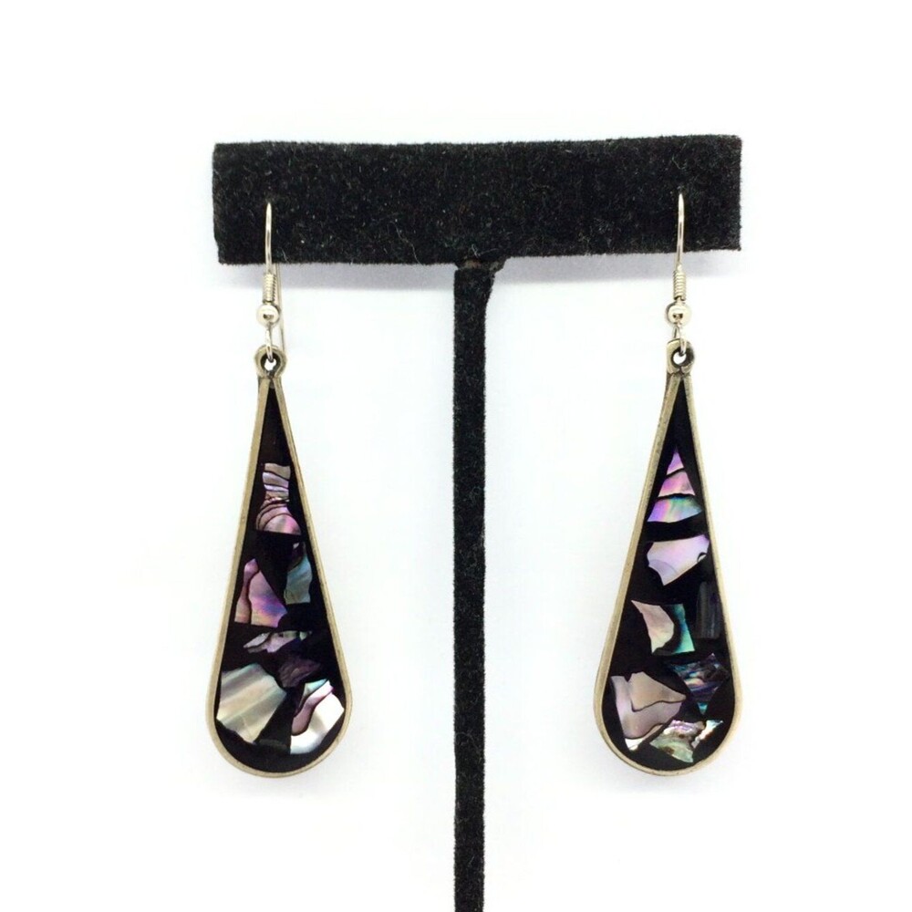 ALPACA MEXICO Earrings Abalone Shell Inlay Teardrop Dangle Black Enamel
